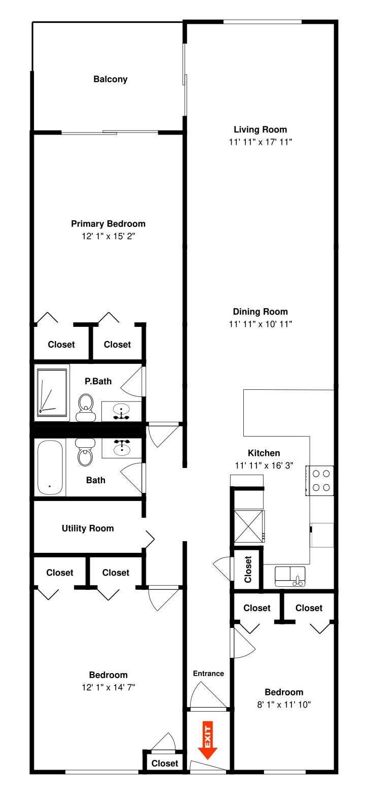 Plano de planta de una casa con balcón, habitación principal, sala de estar, comedor, cocina, baño, cuarto de servicio y dos dormitorios.