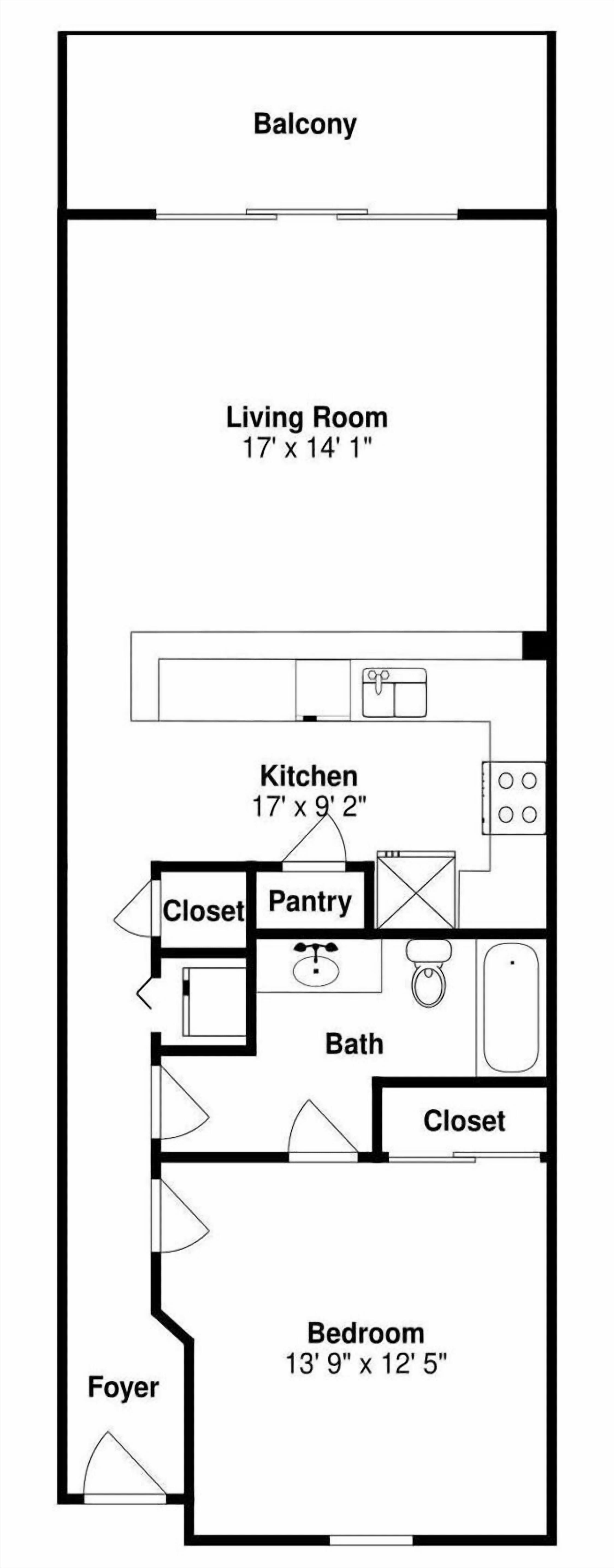 Plano de planta de una casa con balcón, sala de estar, cocina, baño, dormitorio y vestíbulo.