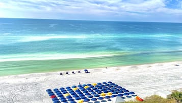 A beach with umbrellas and a road in the foreground.