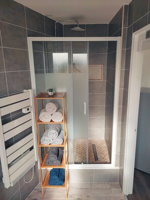 Shower, hair dryer, towels, soap