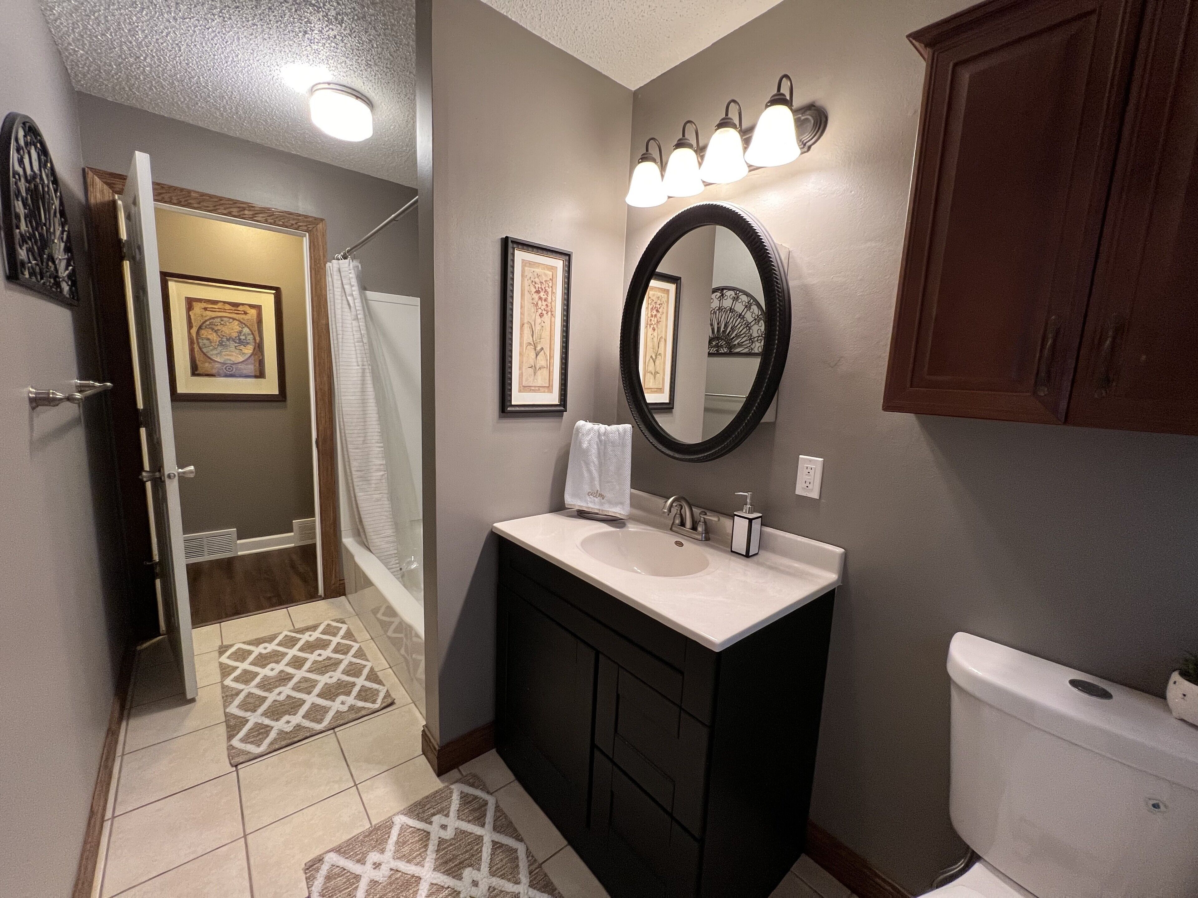 Hair dryer, towels, soap, shampoo