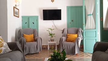 Télévision, cheminée, livres