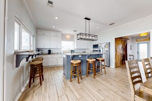 Fridge, microwave, oven, stovetop - Dog-friendly waterfront home with Gulf views & private beach/lagoon access (Dauphin Island)