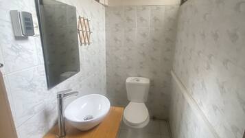 Rainfall showerhead, towels, soap, toilet paper