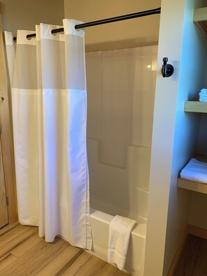 Hair dryer, towels, soap, shampoo