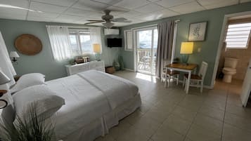 A hotel room with a bed, a desk, a chair, a ceiling fan, and a view of the outdoors.