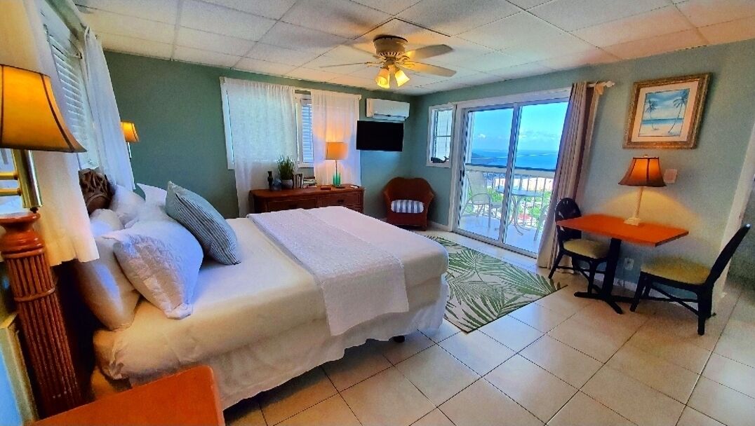 A hotel room with a bed, a desk, a chair, a TV, and a balcony with a view.