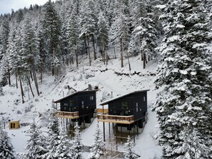 Una cabaña moderna con una terraza de madera y una pequeña construcción de madera cerca, rodeada por un bosque nevado.