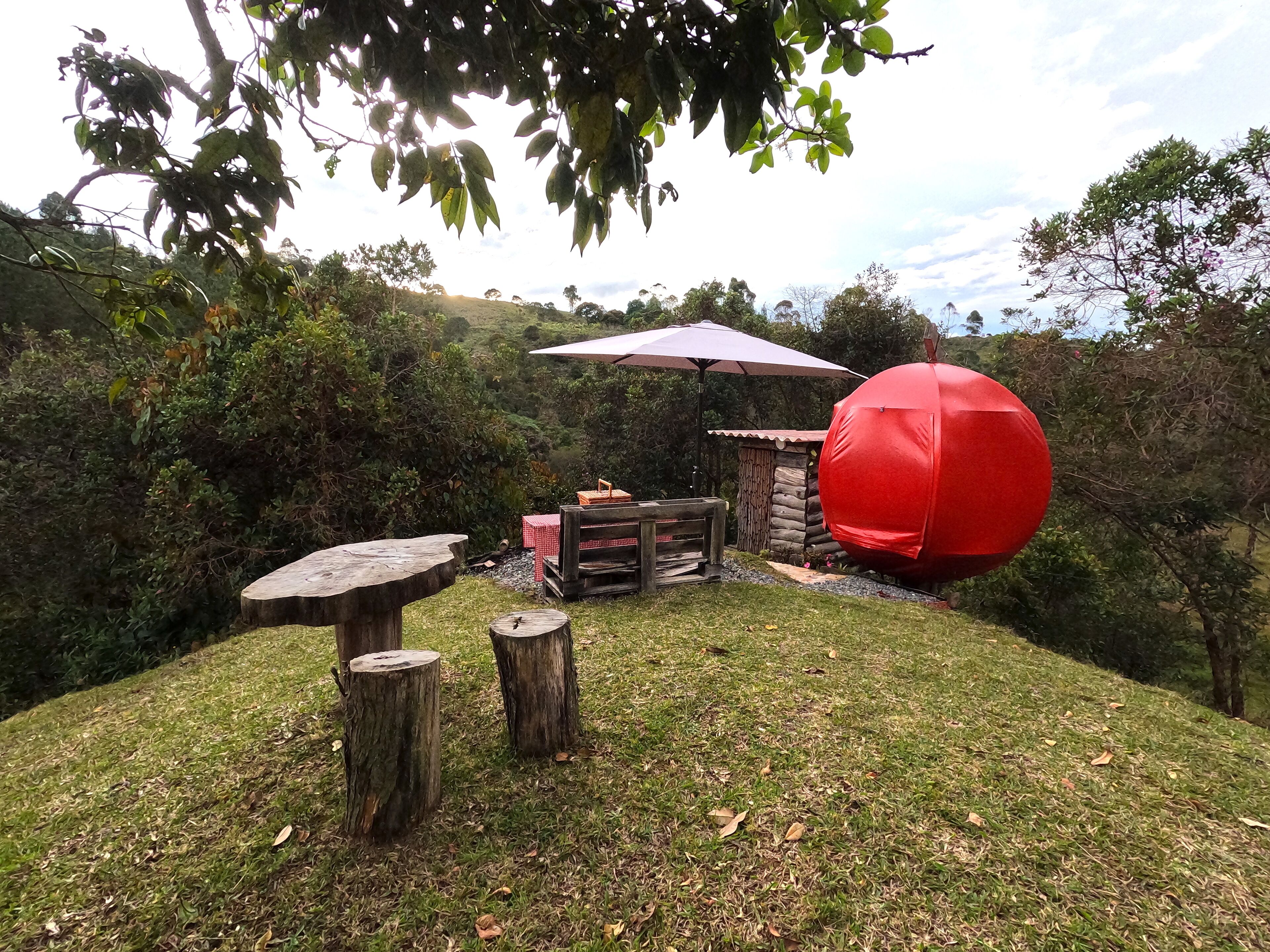 Un'area verde all'aperto con una struttura sferica rossa, un tavolo di legno e una panchina.