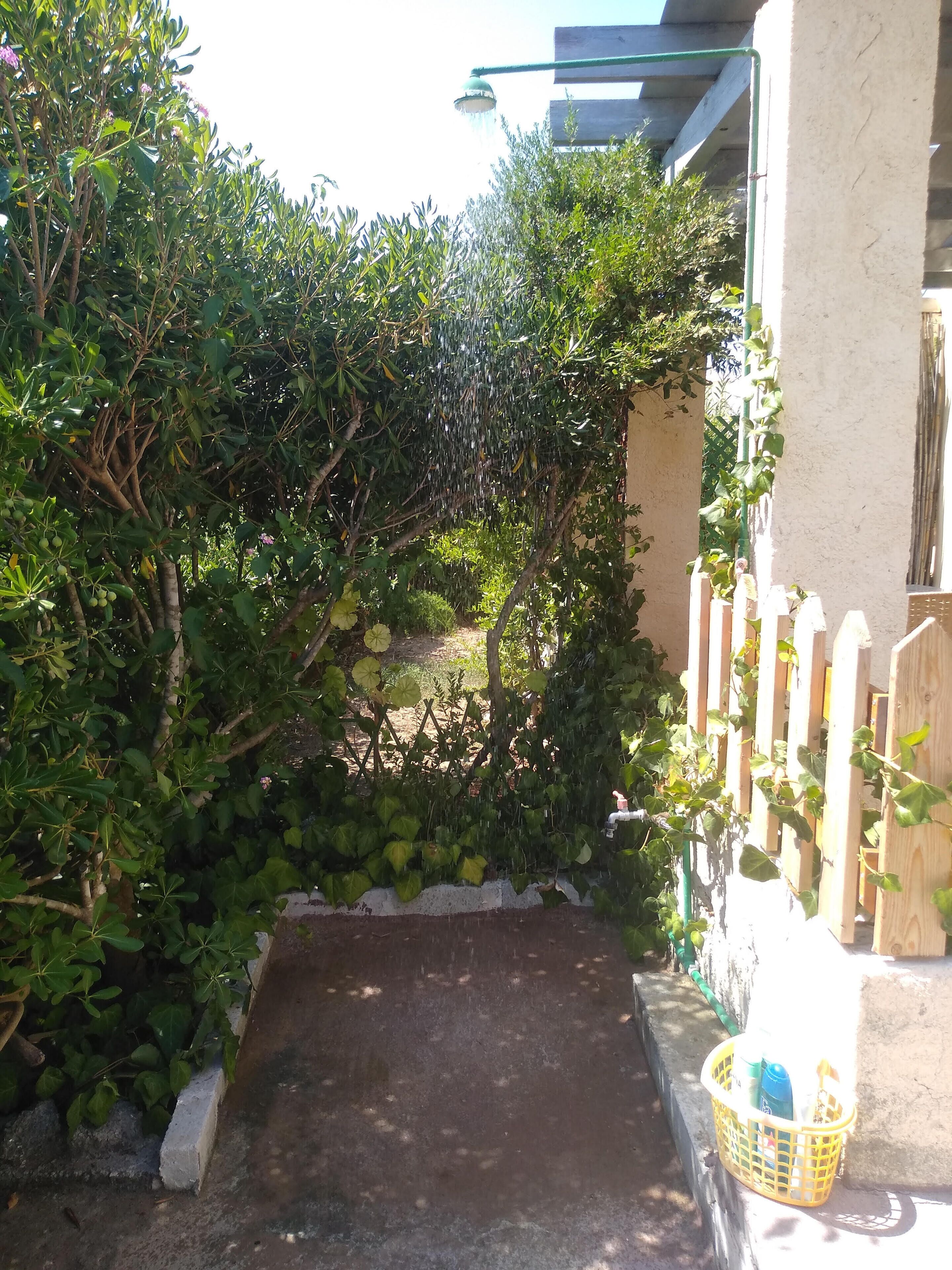 Een tuininloop met een houten omheining, een betonnen pad en een gele mand vol spullen.