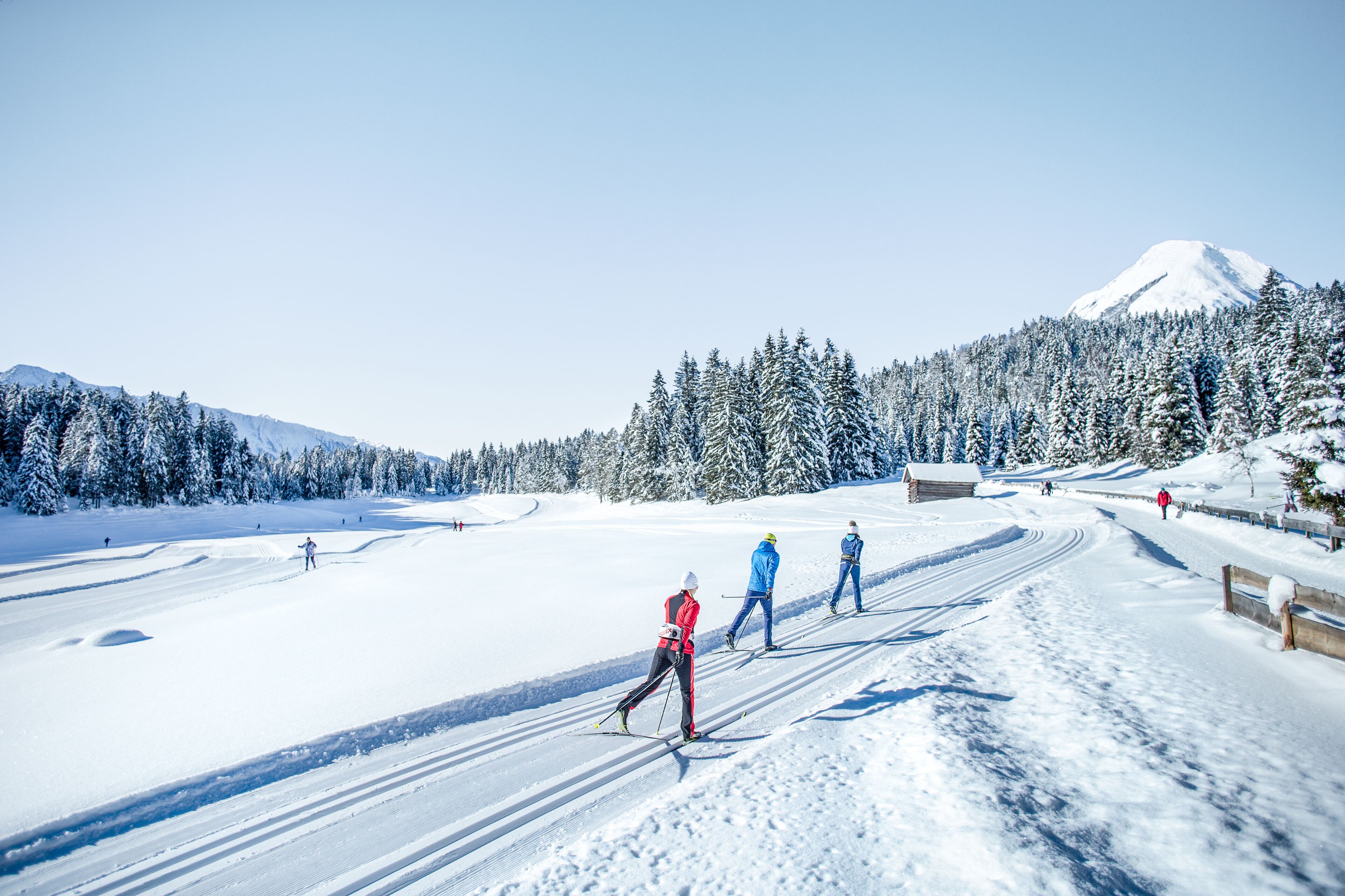 Una pista per sci di fondo con una montagna innevata sullo sfondo.
