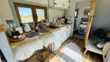 Fridge, microwave, stovetop, electric kettle