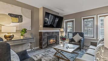 Televisie, een open haard, Netflix en slimme speakers