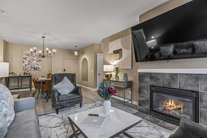 TV, fireplace, Netflix, smart speakers