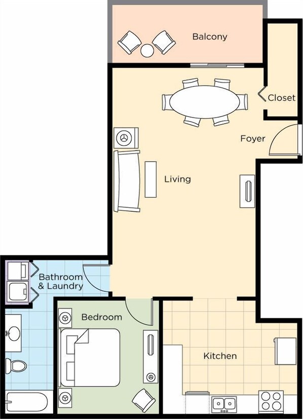 Un plan d’étage d’une maison comprenant un balcon, un salon, un hall d’entrée, un placard, une salle de bain avec buanderie, une chambre et une cuisine.
