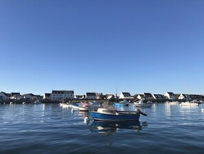 Un port où plusieurs bateaux sont amarrés et où se trouvent des maisons le long de la côte.