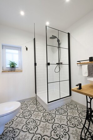 Shower, towels, soap, toilet paper