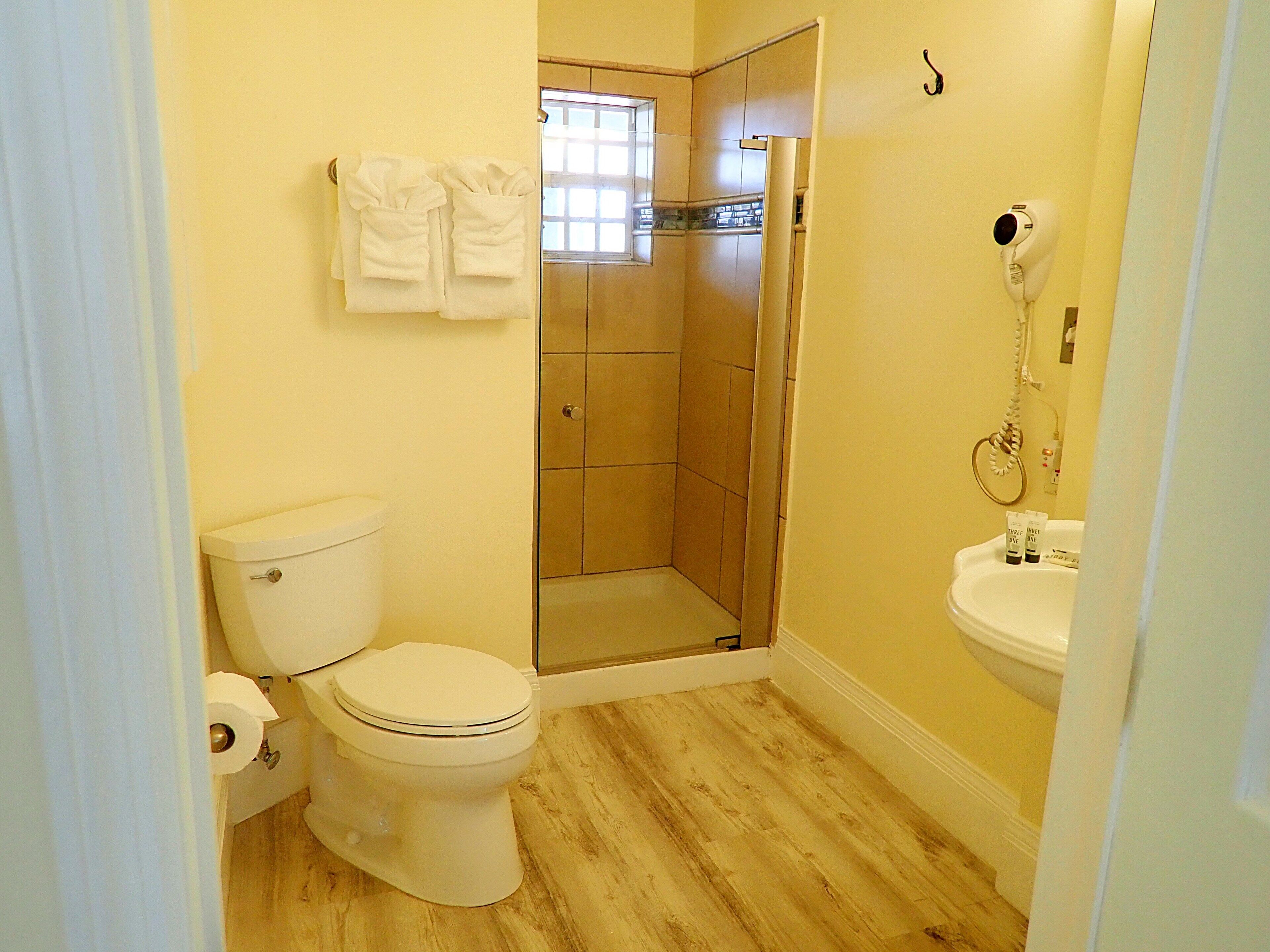 Shower, hair dryer, towels, soap