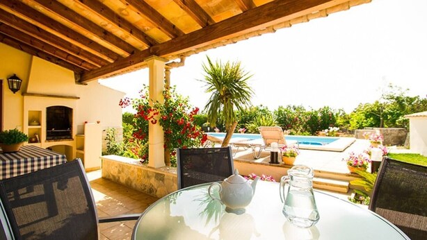 A covered patio with a table, chairs, a grill, and a pool in the background.