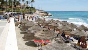 Een strandgebied met rieten parasols en ligbedden, een promenade met palmbomen en de oceaan op de achtergrond.