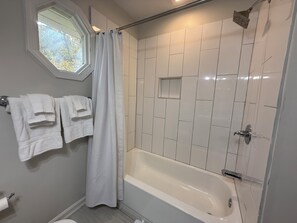Hair dryer, towels, soap, shampoo