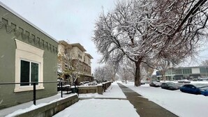 A snow-covered sidewalk adjacent to a building with a stone wall and a metal railing. - The LIFTS: Downtown SLC/ Delta Center/ Pets OK! (Salt Lake City)