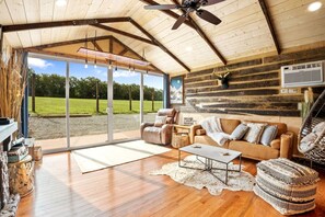 Televisión, chimenea y estéreo 