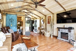 Télévision, cheminée, livres, chaîne hi-fi