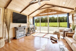 Televisio, takka, kirjoja, stereot