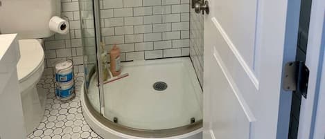 Shower, hair dryer, towels, soap