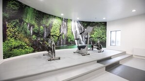 Une salle de sport équipée de trois vélos d’appartement, d’une grande fresque représentant une cascade et d’une fenêtre laissant entrer la lumière naturelle.