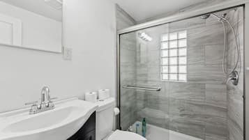 Douche, séchoir à cheveux, serviettes fournies, savon