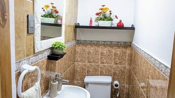 Regadera, secadora de cabello, toallas, jabón