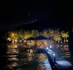 Overwater bungalow surrounded by palm trees, offering a serene atmosphere.