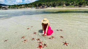 En strand med klart vatten, en person i en rosa klänning och hatt och sjöstjärnor på sanden.