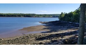 A natural landscape with a body of water, a sandy beach, and a forested area.