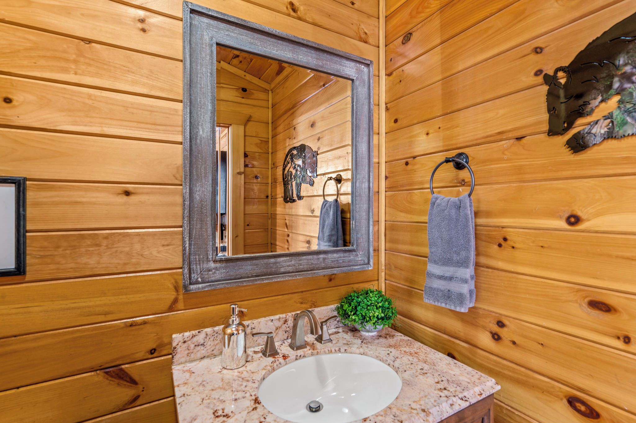 Un baño de cabaña de madera con un espejo grande, un lavamanos con dos grifos, un perchero para toallas y una pequeña planta.