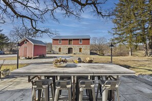Outdoor dining - Historic farmhouse w/ private Catskill Creek access. Close to skiing and hiking. (Leeds)