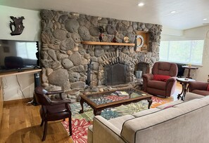 Smart TV, fireplace, books