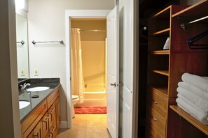 Hair dryer, towels, soap, shampoo