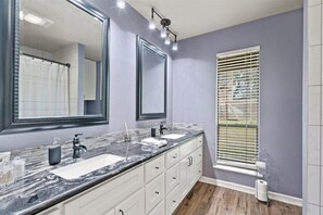 Hair dryer, towels, soap, shampoo