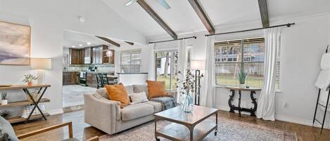 Smart TV, fireplace, books
