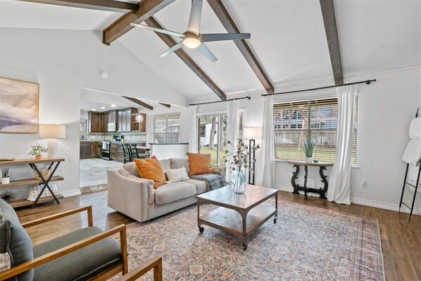 Smart TV, fireplace, books