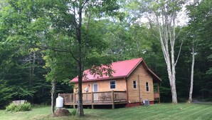 A wooden cabin with a red roof, surrounded by trees and a well-maintained lawn. - Tea Creek Mountain Cabin (Marlinton)