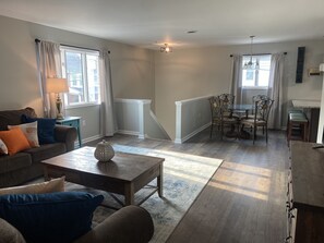 Smart TV, fireplace, books
