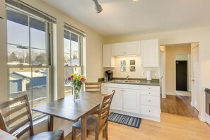 Fridge, microwave, stovetop, coffee/tea maker
