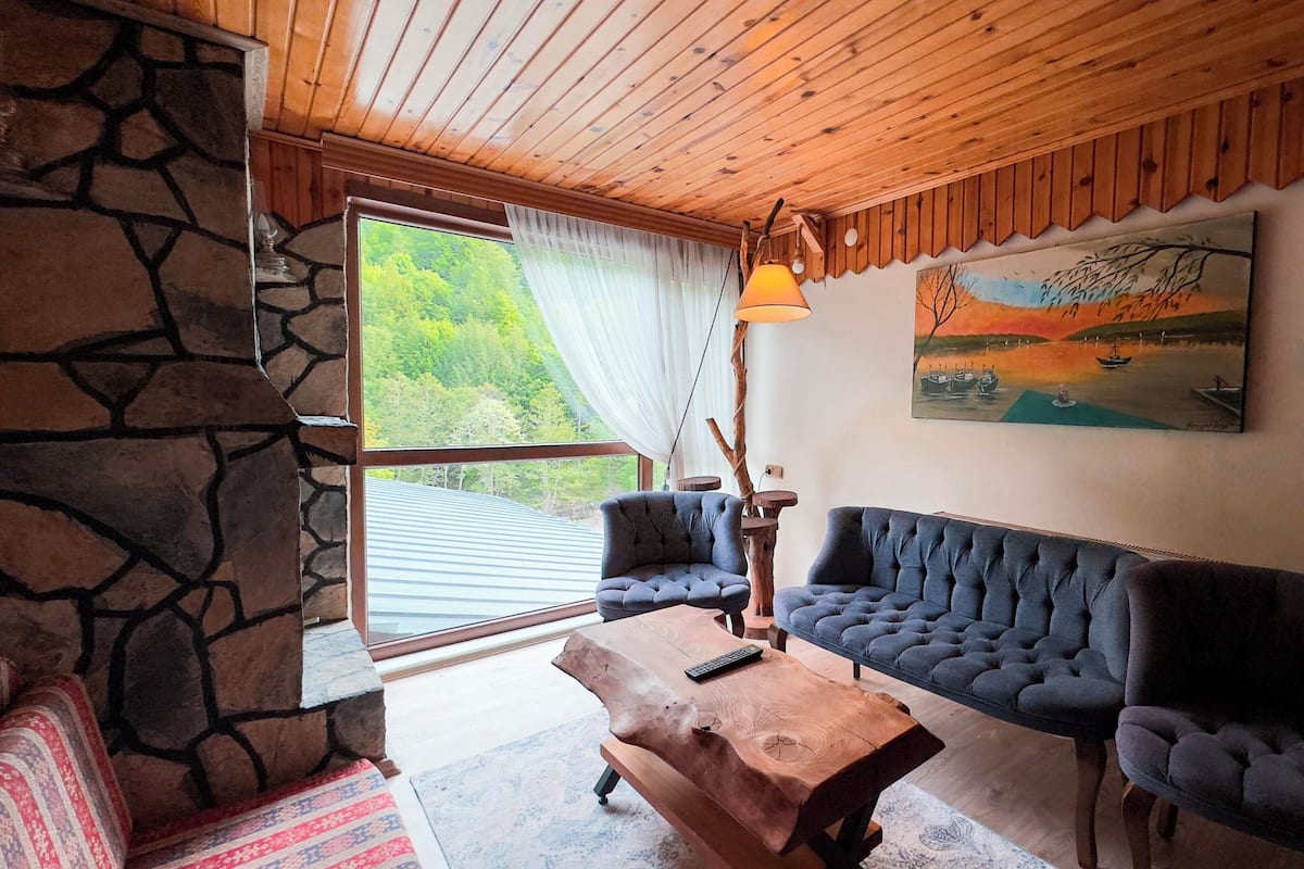 A cozy living room with a stone wall, a wooden ceiling, and a painting of a lake. There are two dark sofas and a wooden coffee table.