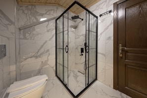 A bathroom with a glass-enclosed shower, a toilet, and a wooden door. - Abant Zumrut Dag Evi (Bolu)