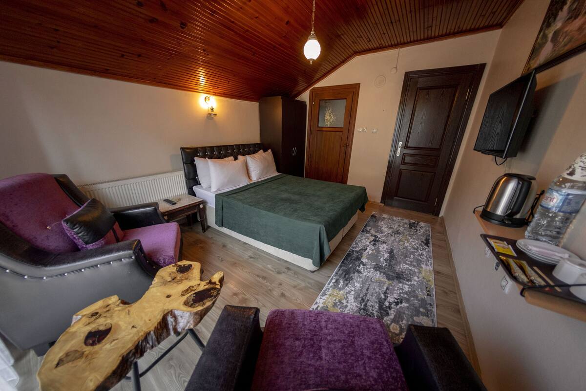 A bedroom with a bed, a chair, a table, a wooden headboard, a door, a television, and a radiator.