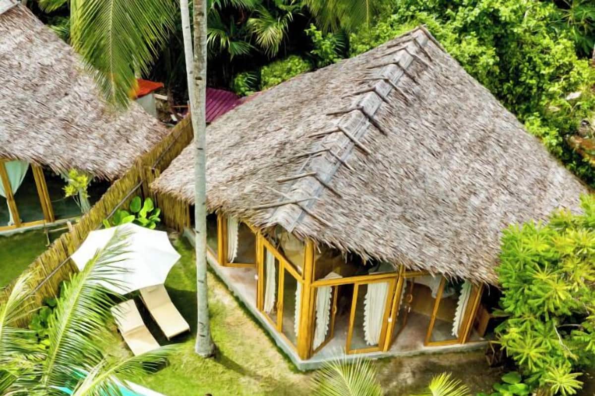 A thatched-roof bungalow with a pool, surrounded by lush tropical vegetation.